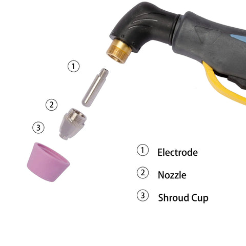 Exploded view of Pro Grade Plasma Cutter Consumables Kit 22 Piece with tips, electrodes, and shield cup for SG-55 AG-60 WSD-60 Torch.