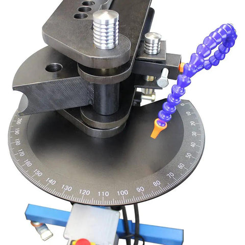 Close-up view of Built Tough 10 Ton Electric Hydraulic Pipe Bender with die set for precise bending operations.