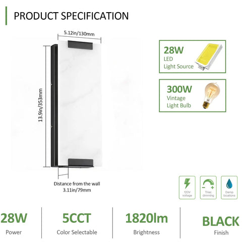 Tipace Hardwired Modern Black LED Wall Sconce Indoor Wall Light Fixture with detailed specifications, showing dimensions and features.