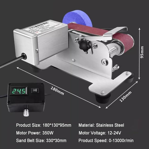 Heavy Duty 350W Wet Bench Sander With Digital Speed Control And Electric Knife Sharpener showing stainless steel construction and digital display.