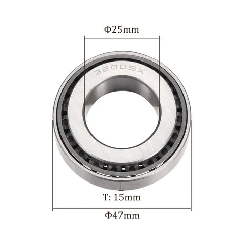 Two Pack 25mm x 47mm x 15mm Tapered Roller Bearing Set In Chrome Steel For Conveyor Systems showing dimensions and steel material