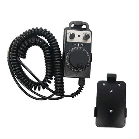 Upgrade Your CNC Setup With This Awesome HC115 Handwheel Control Knob Featuring 5V Power And 100 PPR Precision Encoder For Smooth Axis Movement And Precise Manual Positioning On Milling Machines Or DIY Projects Today! black CNC handwheel with coiled cable and mounting plate