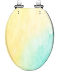 Elongated Toilet Seat Quiet Close Bathroom with a green and yellow watercolor design, suitable for standard toilets.