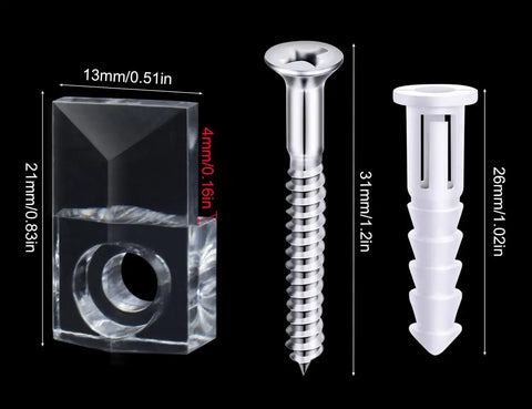 Transparent mirror clip, metal screw, and white anchor showing dimensions, part of the 22 Piece Mirror Clip Kit With Screws For Easy Install