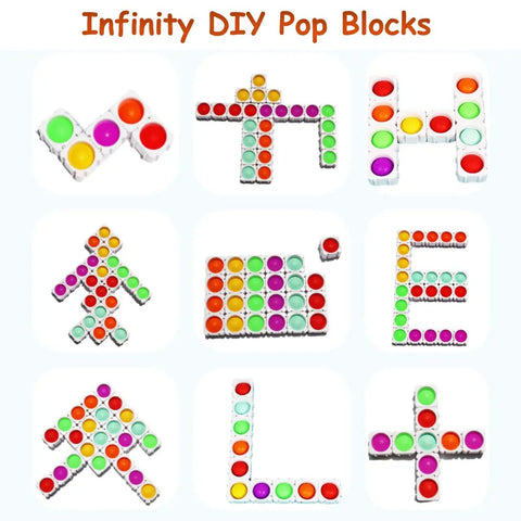 Various shapes made from Super Soft Silicone Fidget Popper Blocks, colorful, sensory play, classroom educational tool.