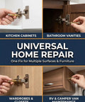 Expansion Hinge Repair Anchor Set For Cabinets And Doors, 6x14mm Short, demonstrating use on various wood surfaces.