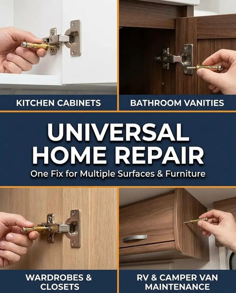 Expansion Hinge Repair Anchor Set For Cabinets And Doors, 6x14mm Short, demonstrating use on various wood surfaces.