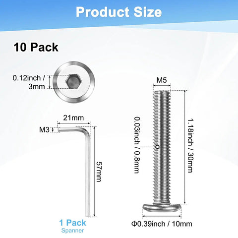 Heavy Duty All Purpose Flat Head Socket Cap Screws Kit M5x30mm 304 Stainless Steel Hex Drive Fasteners With Hex Key For Machine Furniture Automotive Marine Full Thread Bolts 10 Pack shown with measurements
