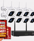 Local 3TB 8 Channel Wireless Security Camera System With AI Human Detection And Night Vision displayed with cameras and receiver