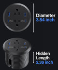 Level Up Your Desk Setup With This Recessed Power Grommet Featuring 65W Usb C Fast Charge dimensions showing 3.54 diameter and 2.36 hidden length.