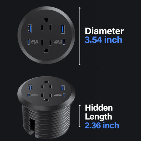 Level Up Your Desk Setup With This Recessed Power Grommet Featuring 65W Usb C Fast Charge dimensions showing 3.54 diameter and 2.36 hidden length.