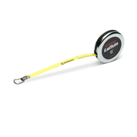 Go-To Executive Diameter Yellow Clad Pocket Tape Measure With 1/4 Inch By Six Foot Blade in chrome case, extended view