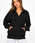 Woman wearing Womens Half Zip Oversized Fleece Hoodie Sweatshirt Black Size M With Soft Inner Fleece For Ultra Cozy Warmth