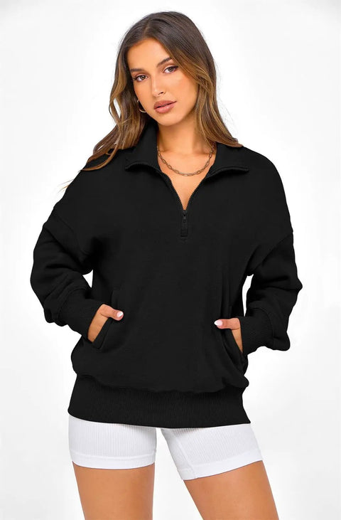 Woman wearing Womens Half Zip Oversized Fleece Hoodie Sweatshirt Black Size M With Soft Inner Fleece For Ultra Cozy Warmth