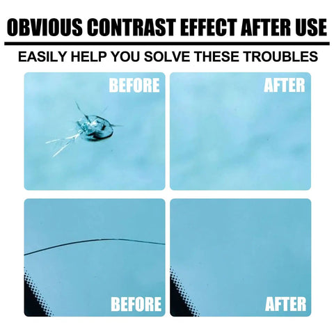 Windshield Crack Repair Kit With Premium Nano Repair Fluid For Cars And Trucks demonstrating repair before and after