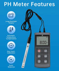 All In One Portable PH Meter With ATC And Large Backlit Display showing reading and features on blue background