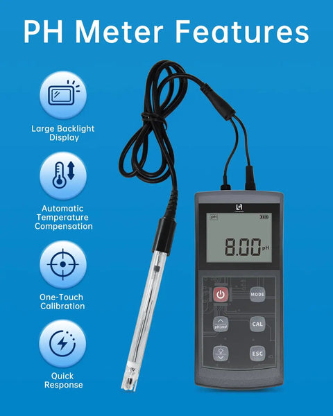All In One Portable PH Meter With ATC And Large Backlit Display showing reading and features on blue background