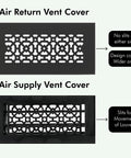 Air Return and Supply Vent Covers showing design differences and slits for louvers, highlighting Beefy Heavy Duty Cast Aluminum Floor Air Grille For 6x30 Duct Opening With 8x32 Face Plate Matte Black Powder Coat Beveled Edges Quarter Inch Not For Wall Use.
