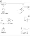 Technical drawing of Twin Handle Tub And Shower Faucet With Decor Lever Handles In Polished Chrome Dope Victorian Style Vibe Five Inch Spout Reach Wall Mount For Easy Install With Standard One Half Inch Fourteen NPT.