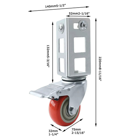 Pack Of Four 3 Inch Heavy Duty Storage Rack Caster Wheels With Ball Bearing Swivels That Roll Like Butter And Secure Lock Brakes To Handle Five Hundred Pounds Without Any Sweat For Garage Shelving Units In Bold Red shown from the side with dimensions.