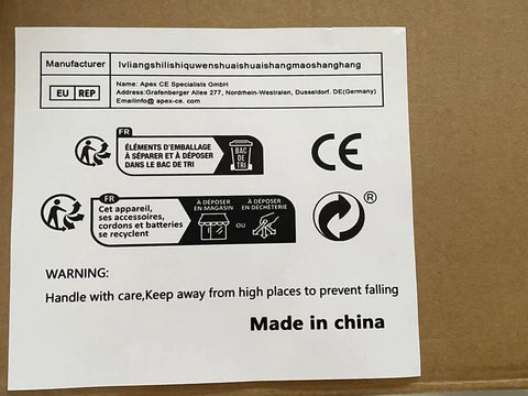 Manufacturer label for Real Deal Commercial Electric Sugar Coating Machine with warnings and recycling instructions.