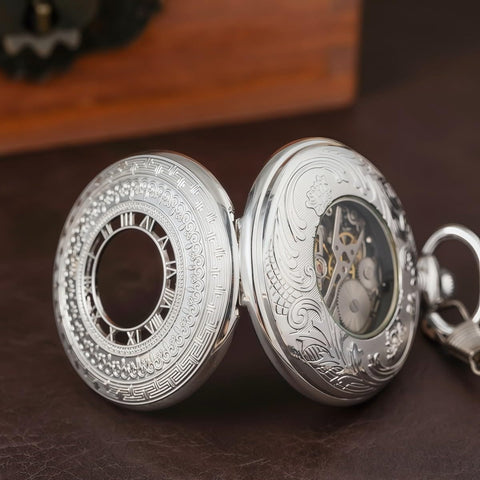 Vintage Skeleton Pocket Watch For Men With Chain Real Deal Mechanical Timepiece With Roman Numerals Silver Blue Case Elegant Engraved Cover Classic Antique Style For Everyday Wear