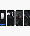 Tesla Universal Wall Connector app interface on four smartphone screens for home EV charging setup and monitoring.