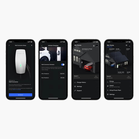 Tesla Universal Wall Connector app interface on four smartphone screens for home EV charging setup and monitoring.