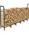Heavy Duty Firewood Rack Holder Eight Foot Adjustable Log Stacker Stand For Fireplace And Outdoor Use Built Tough Metal Wood Storage Organizer For Piles Indoor Outdoor Patio Logs Stand Tool Black displaying neatly stacked logs.