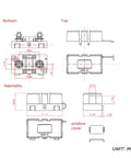 High Octane Midi Fuse Block For Screw On Or Strip Automotive Fuses blueprints with dimensions, M5 bolt mounts, splashproof design.