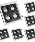 Six Pack Adjustable Four Head Gimbal Downlight Canless Recessed LED Wafer Spotlight Retrofit Ceiling Wall Fixture in black and white design.