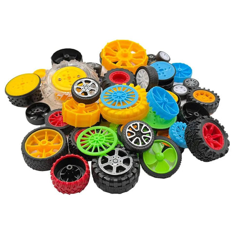 56 Piece Toy Wheel Set With Shafts For DIY Model Cars Trucks And Robots, Wide Range Of Wheel Sizes From 11mm To 64mm Diameter