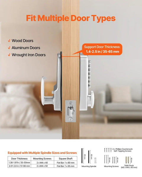 No Battery Needed Mechanical Keyless Entry Door Lock With 14 Key Set installed on wood door showing fit for multiple door types