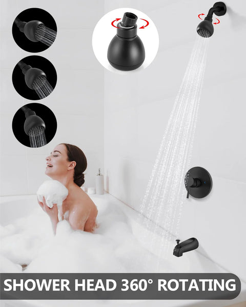 GBBNE matte black tub/shower faucet set with single-handle mixer, 360° rotating shower head, includes tub spout.