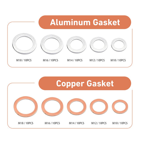 Go To Oil Drain Plug Crush Washer Set For M10 M12 M14 M16 M18 Universal, Copper And Aluminum Gasket Kit shown with sizes