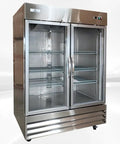 Top Shelf Commercial Double Door Glass Freezer Stainless Steel Upright Reach In Merchandiser 54 Inch Wide 47 Cu Ft with transparent doors.