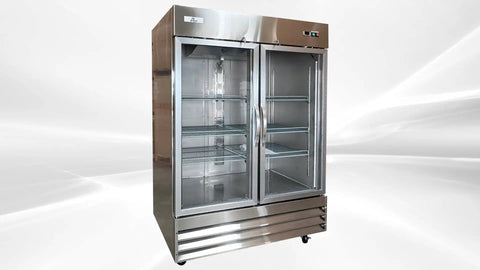 Top Shelf Commercial Double Door Glass Freezer Stainless Steel Upright Reach In Merchandiser 54 Inch Wide 47 Cu Ft with transparent doors.
