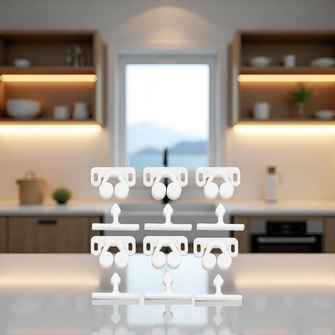 Six Pack Of White Ball Catch Roller Latches For Boat Marine Cupboard Cabinet Doors Heavy Duty Spring Loaded Plastic Hardware displayed on a countertop.