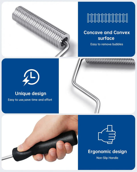 Fiberglass Roller Tools Kit 4 Pcs Bubble Paddle Roller Set highlights concave surface, ergonomic non-slip handle in use.