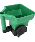 Close-up of a green Handheld 3L Manual Lawn Spreader For Fertilizer And Salt Compact Portable Yard Care Tool