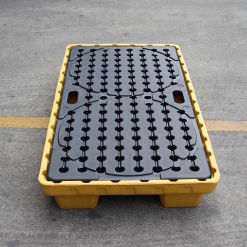 Detachable Oil Spill Containment Pallet For Two Drums Low Profile Stackable Grating Tray Heavy Duty Polyethylene Spill Platform, yellow