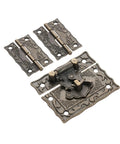 Three Piece Old School Antique Bronze Box Latch Set With Vintage Hasp Clasp And Hinges for jewelry boxes and cabinets, detailed view
