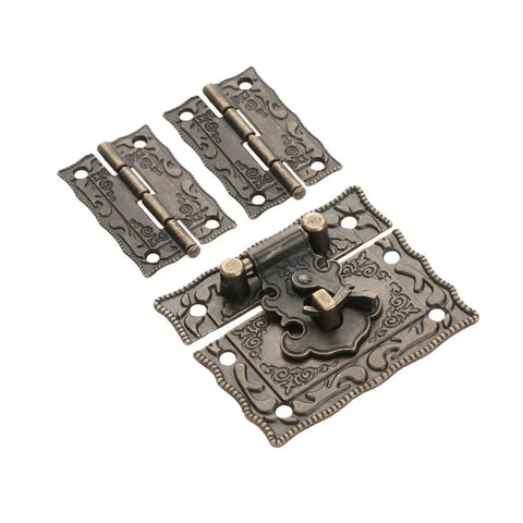 Three Piece Old School Antique Bronze Box Latch Set With Vintage Hasp Clasp And Hinges for jewelry boxes and cabinets, detailed view