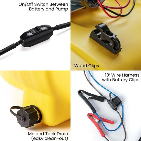 15 Gallon Gold Spot Sprayer With Prime Pump For Ag And Weed Control featuring on/off switch, wand clips, and battery wire harness.