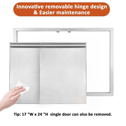 Badass 35 By 24 Double BBQ Access Door For Outdoor Kitchens With Slick Recessed Latches Concealed Hinges Heavy Duty 304 Stainless Steel displaying removable hinge design.