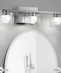 Three Light Dimmable Modern Vanity Light Fixture In Brushed Nickel With Globe Crystal Glass Over Mirror LED Bath Lighting