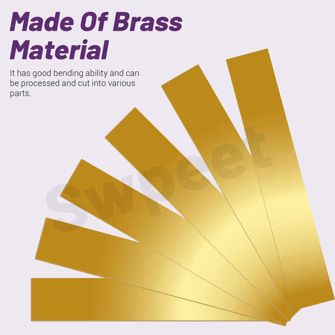 Premium Brass Shim Stock Kit For DIY Crafters, 10 Pieces Of 0.004 Inch Thick Brass Strips, fanned out view showing brass material
