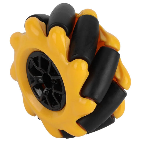 Front view of a yellow 48mm Mecanum wheel with ABS hub and black rubber rollers
