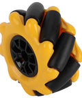 Front view of yellow mecanum wheel with black rubber rollers for geared motors