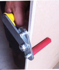 Close-up of Portable Gypsum Board Lifter Set With Adjustable Angle Grip for hassle-free drywall transport. Yellow handle visible.